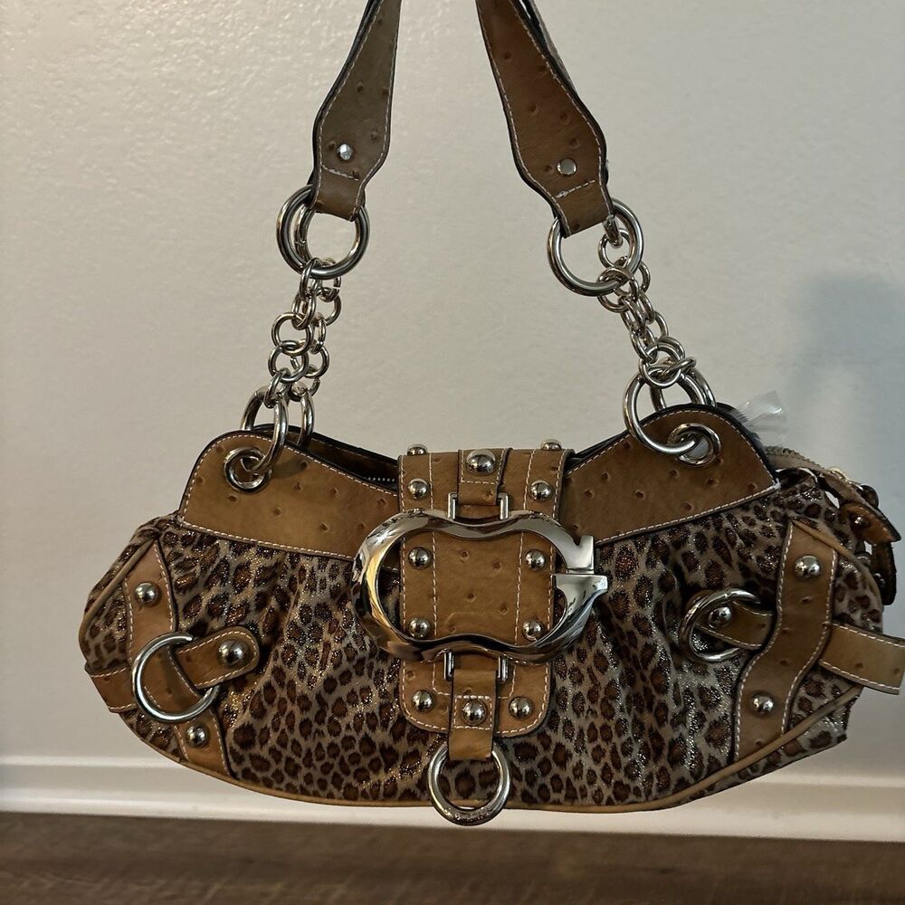 GUESS VINTAGE 2000 CHEETAH BAG Y2K VTG Sparkle Brown Velvet Rare Satchel
